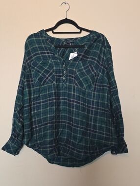 Thread & Supply Green and Navy Plaid Button Front Blouse Size 0